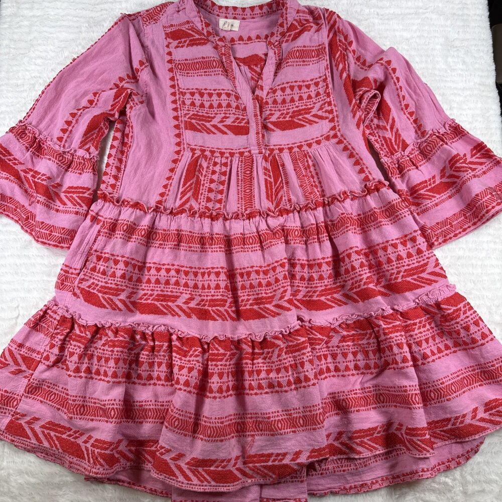 Elan Dress Womens Small Cotton Embroidered Boho Tiered Bell Sleeve Mini